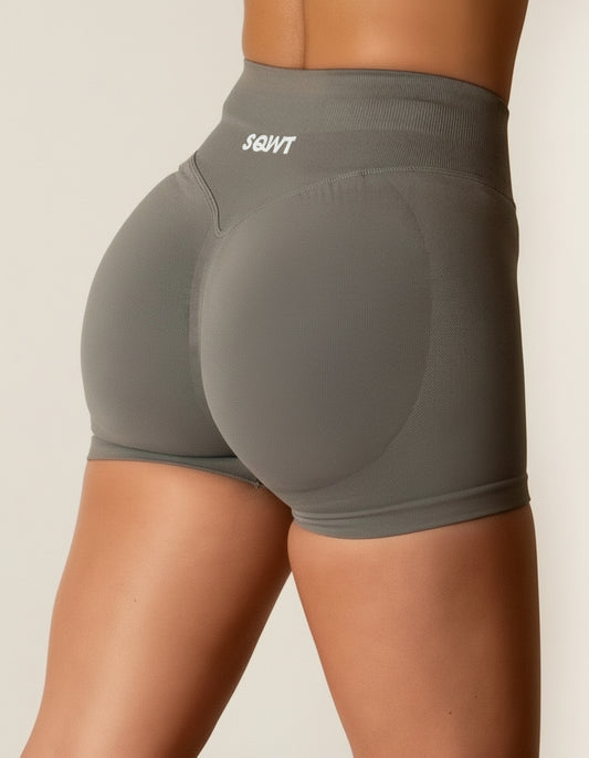 Dark grey seamless high-waisted scrunch gym shorts with a V-shaped back waistband.