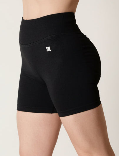 Black seamless high-waisted scrunch gym shorts with a V-shaped back waistband.