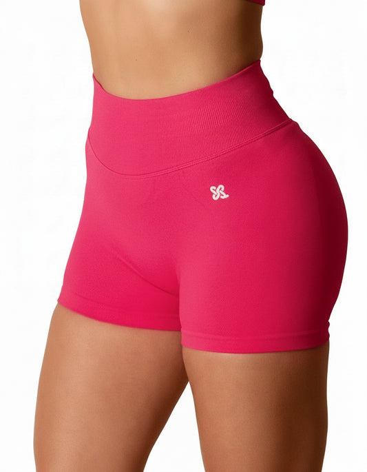 Fuchsia seamless high-waisted scrunch gym shorts with a V-shaped back waistband.