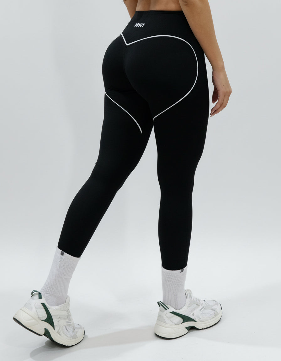 SQWT ContourHeart black high-waist leggings for women. White contour lines enhance glutes. Squat-proof fitness wear.