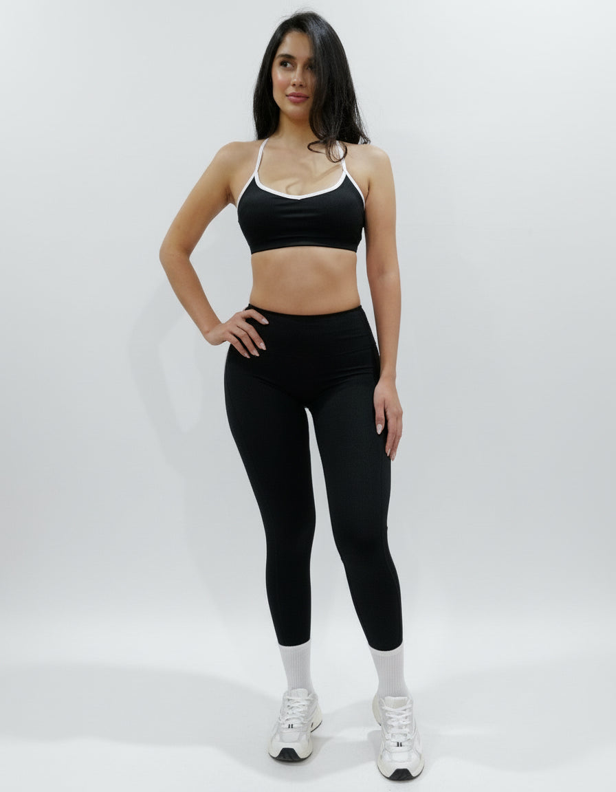 SQWT ContourHeart black high-waist leggings for women. White contour lines enhance glutes. Squat-proof fitness wear.